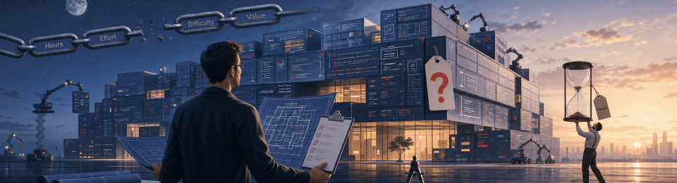 A chain labelled Hours, Effort, Difficulty and Value breaking in the middle, while an architect reviews plans in front of a building assembled from code blocks by robotic arms