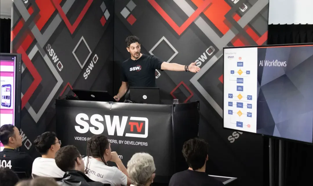Ulysses Maclaren presenting AI workflows at an SSW lectern in front of an audience
